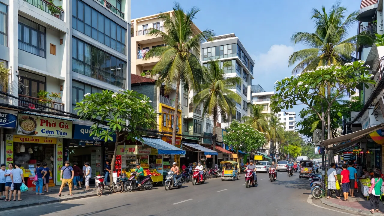 Cảnh quan đô thị sôi động ở Phường Nguyễn Cư Trinh, Quận 1, Thành phố Hồ Chí Minh với dân cư và cửa hàng.