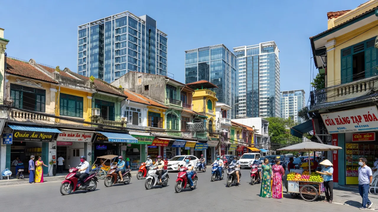 Khung cảnh sầm uất tại Phường Nguyễn Thái Bình, Quận 1, Thành phố Hồ Chí Minh với các cửa hàng và người dân.