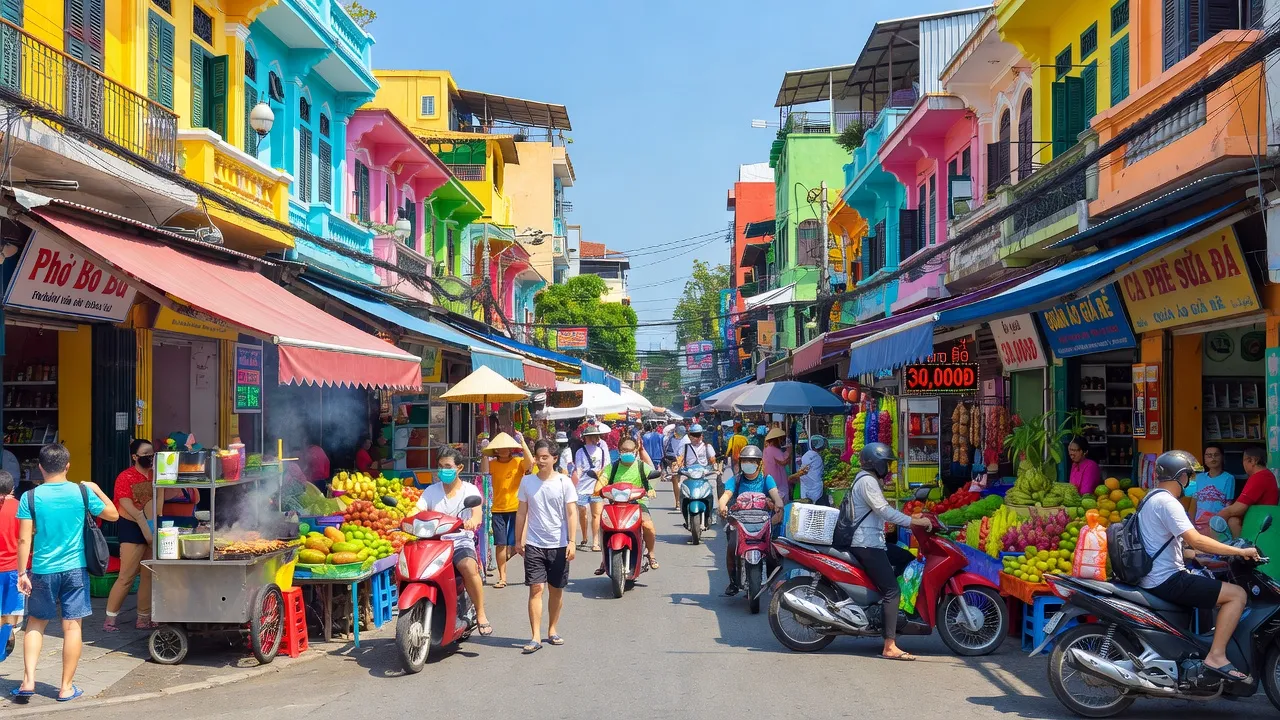Khu vực Phường Phạm Ngũ Lão, Quận 1, Hồ Chí Minh, nhộn nhịp với người qua lại và kiến trúc đẹp.