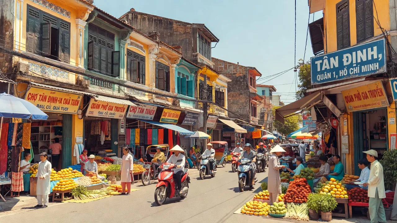 Cảnh quan đô thị Phường Tân Định, Quận 1, Thành phố Hồ Chí Minh, thể hiện sự nhộn nhịp và bản sắc văn hóa.