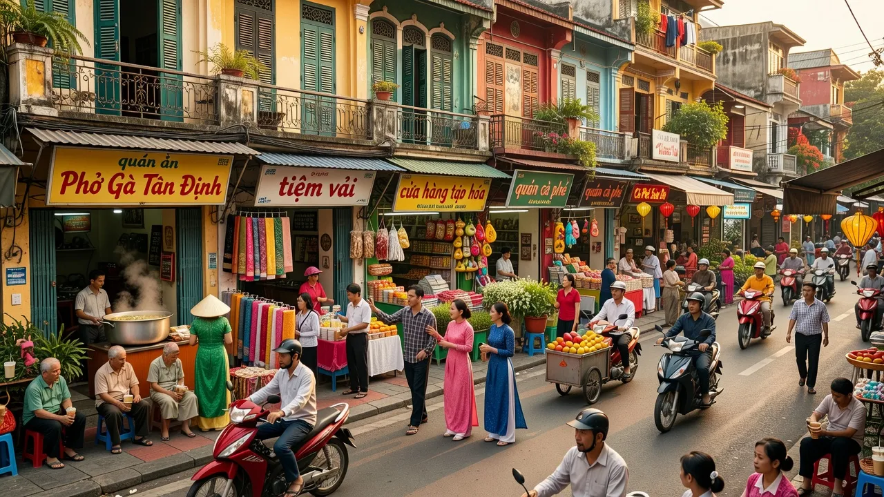 Khung cảnh nhộn nhịp tại Phường Tân Định, Quận 1, Thành phố Hồ Chí Minh, đô thị năng động và lịch sử.