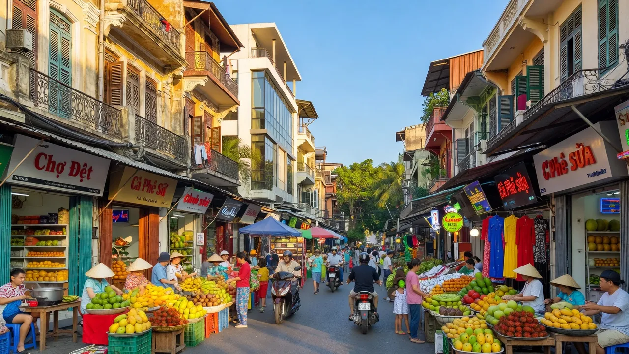 Khung cảnh sôi động ở Quận 10, Thành phố Hồ Chí Minh với chợ và kiến trúc độc đáo.