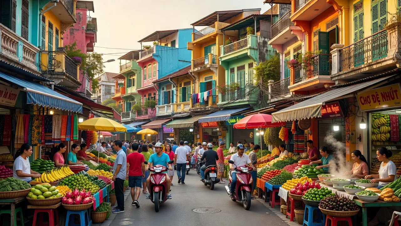 Khung cảnh sôi động tại Phường 8, Quận 10, Hồ Chí Minh, với chợ và kiến trúc đẹp.