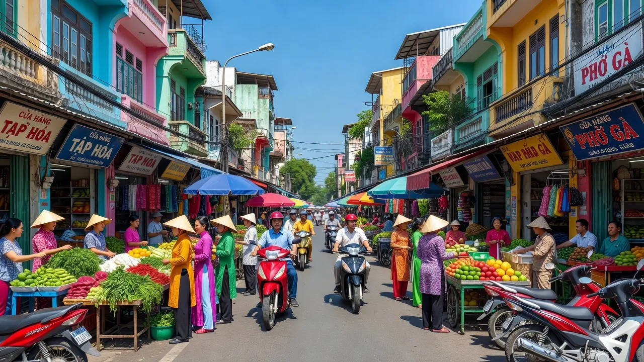 Cảnh đường phố Phường 9, Quận 10, Thành phố Hồ Chí Minh với chợ và cư dân sôi động.