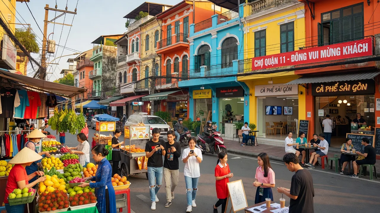 Khung cảnh sầm uất của Quận 11, Thành phố Hồ Chí Minh với các hoạt động đô thị nhộn nhịp.
