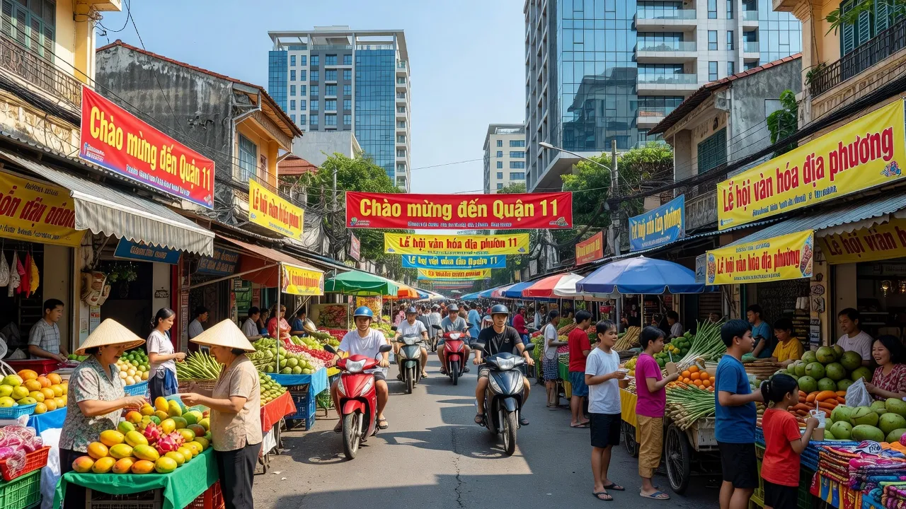 Quận 11, Thành phố Hồ Chí Minh with bustling streets, local markets, and modern city life.