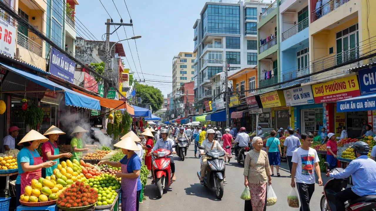 Khung cảnh nhộn nhịp tại Phường 15, Quận 11, Hồ Chí Minh với chợ và người dân.