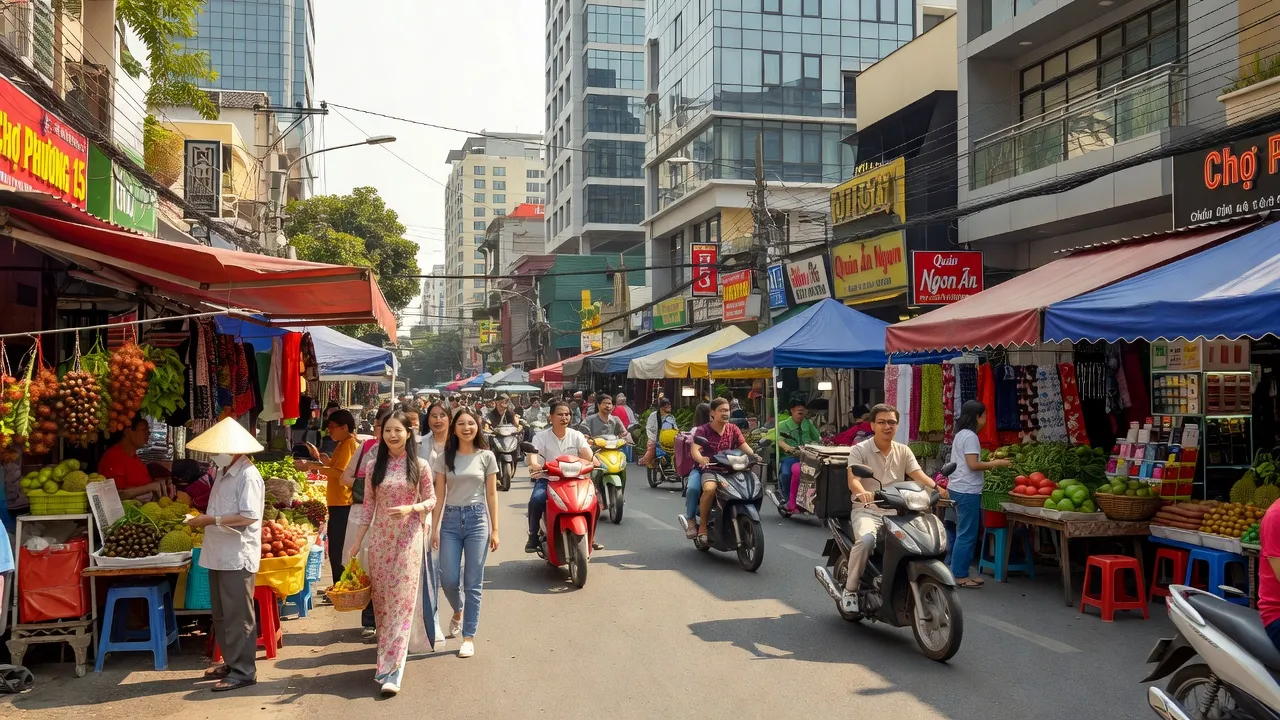 Khung cảnh sôi động tại Phường 15, Quận 11, Thành phố Hồ Chí Minh với chợ và người đi bộ.
