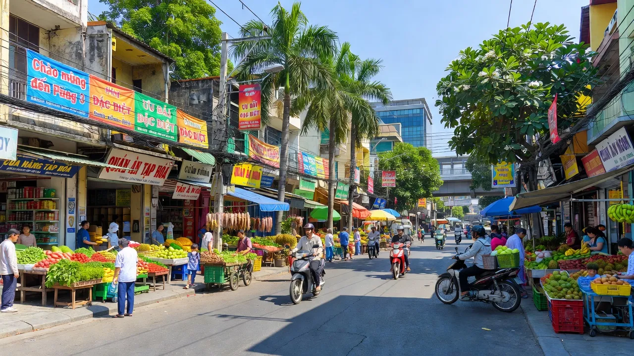 Khung cảnh nhộn nhịp tại Phường 3, Quận 11, Thành phố Hồ Chí Minh với chợ và hạ tầng hiện đại.
