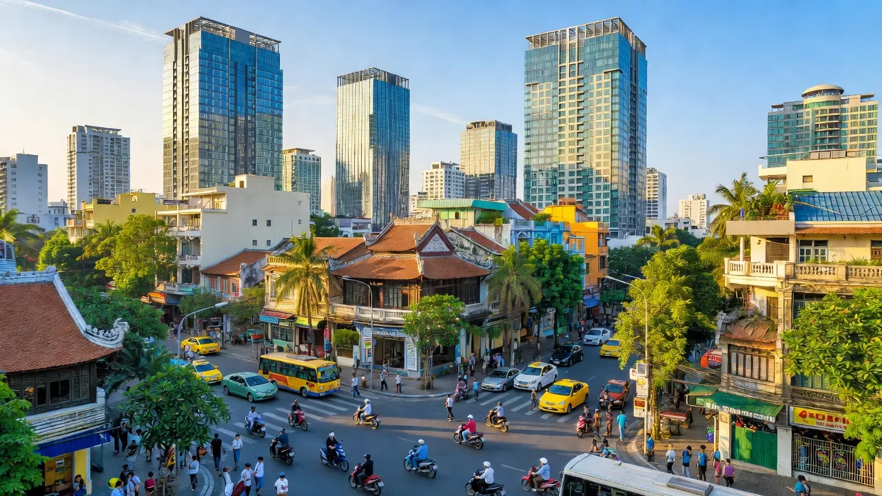 Khung cảnh thành phố hiện đại Phường 7 Quận 11 Hồ Chí Minh với tòa nhà và cây xanh.