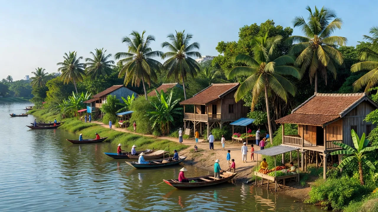 Cảnh đẹp khu phố An Phú Đông, Quận 12, với bờ sông Sài Gòn và đời sống cộng đồng sôi động.