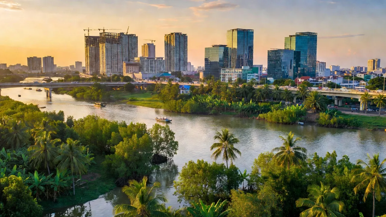 Cảnh quan Phường An Phú Đông, Quận 12, với sông Sài Gòn và cảnh sắc thiên nhiên tươi đẹp.