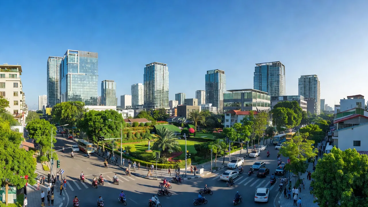 Khung cảnh nhộn nhịp của Phường Đông Hưng Thuận, Quận 12, Thành phố Hồ Chí Minh với tòa nhà và cây xanh.