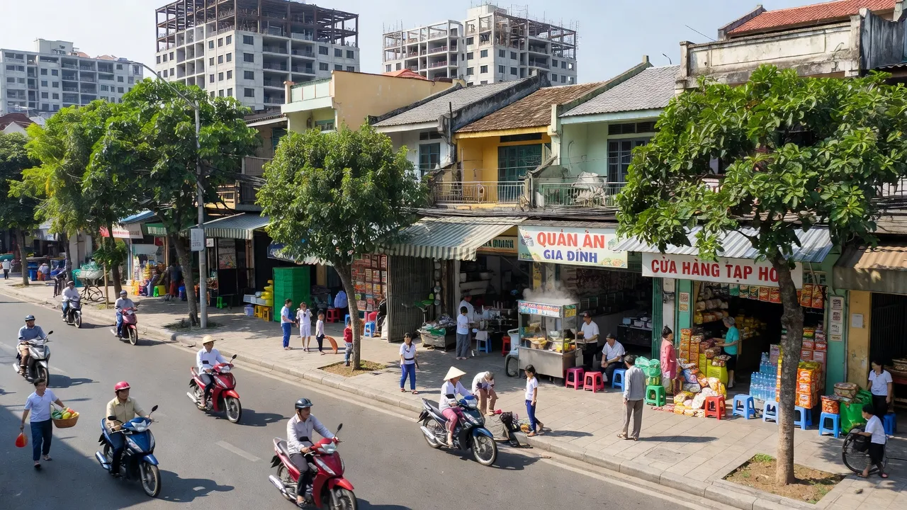 Cảnh sinh hoạt nhộn nhịp tại Phường Hiệp Thành, Quận 12, Thành phố Hồ Chí Minh, với phố phường phát triển.
