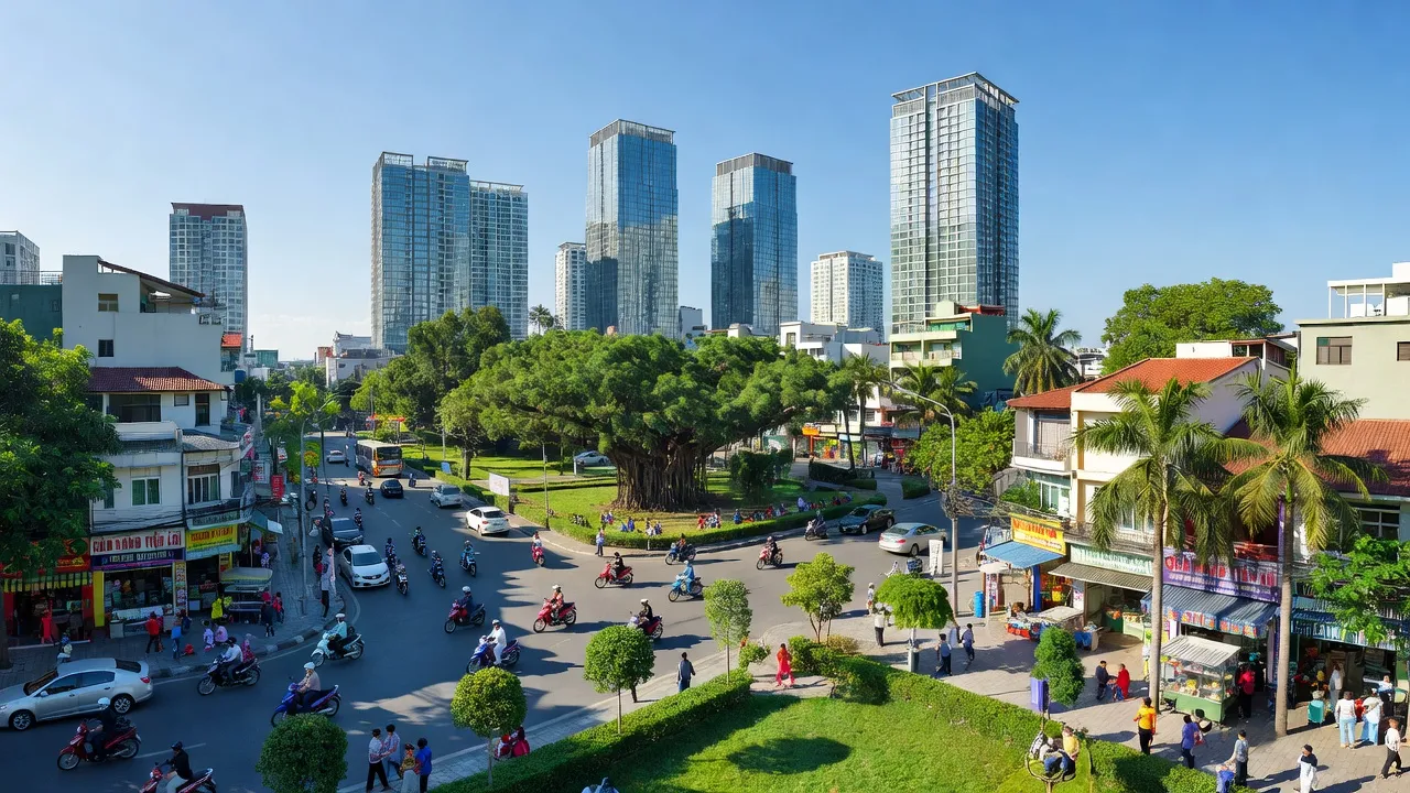 Khung cảnh phố phường Tân Hưng Thuận, Quận 12, Hồ Chí Minh với cửa hàng, cây xanh và không khí sống động.