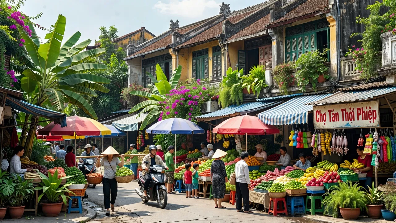 Cảnh đường phố sôi động ở Tân Thới Hiệp, Quận 12, Hồ Chí Minh, với văn hóa và cuộc sống địa phương.