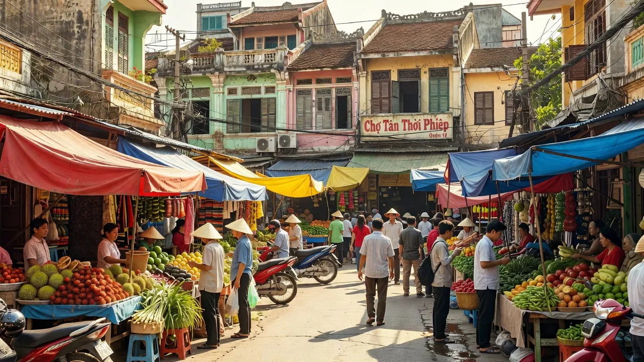 Khung cảnh nhộn nhịp tại Tân Thới Hiệp, Quận 12 với kiến trúc truyền thống và chợ địa phương.