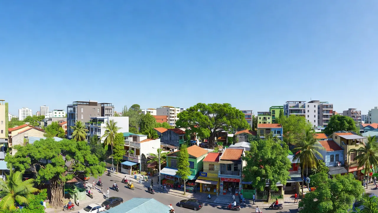 Khu dân cư Thạnh Xuân, Quận 12, Thành phố Hồ Chí Minh, với không gian sống xung quanh đường phố và cây xanh.