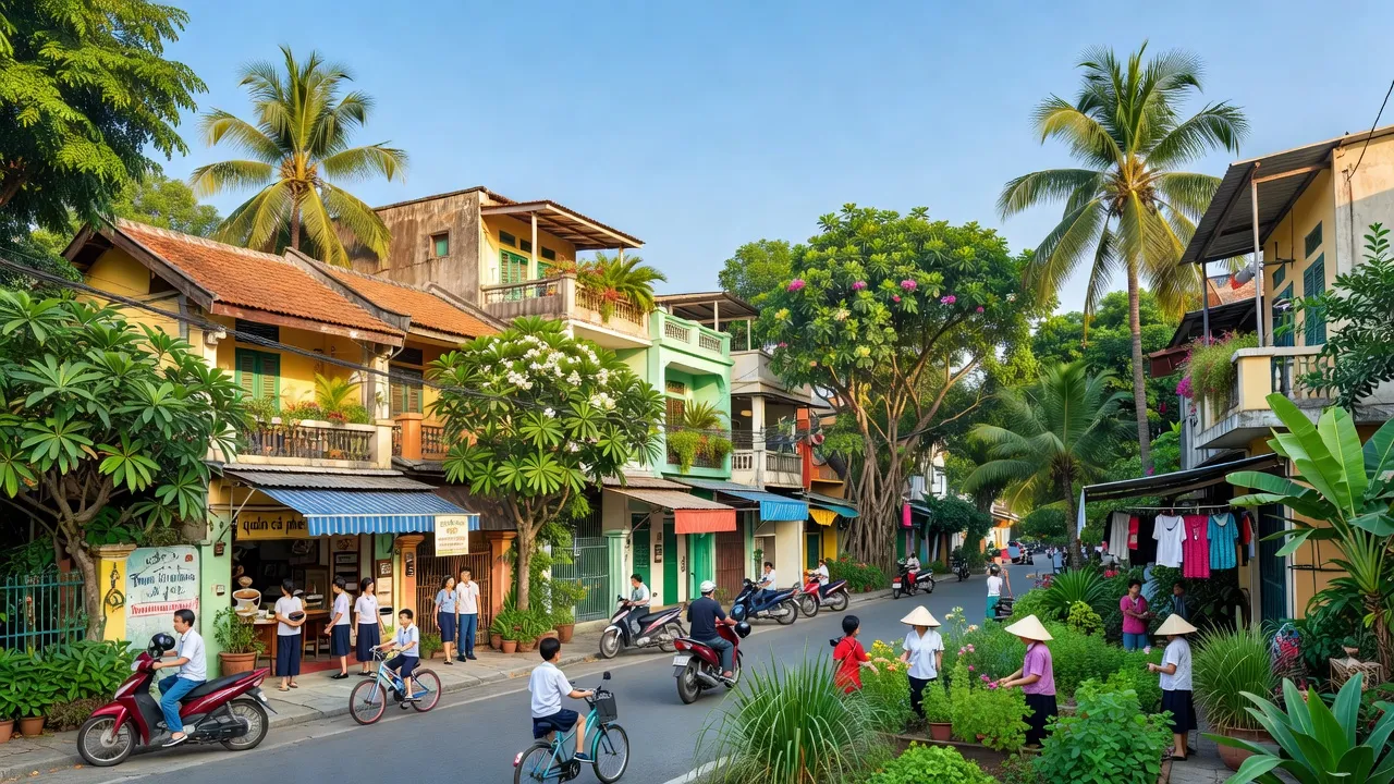 Khung cảnh yên bình tại phường Trung Mỹ Tây, Quận 12, Thành phố Hồ Chí Minh với cây xanh và nhà cửa.