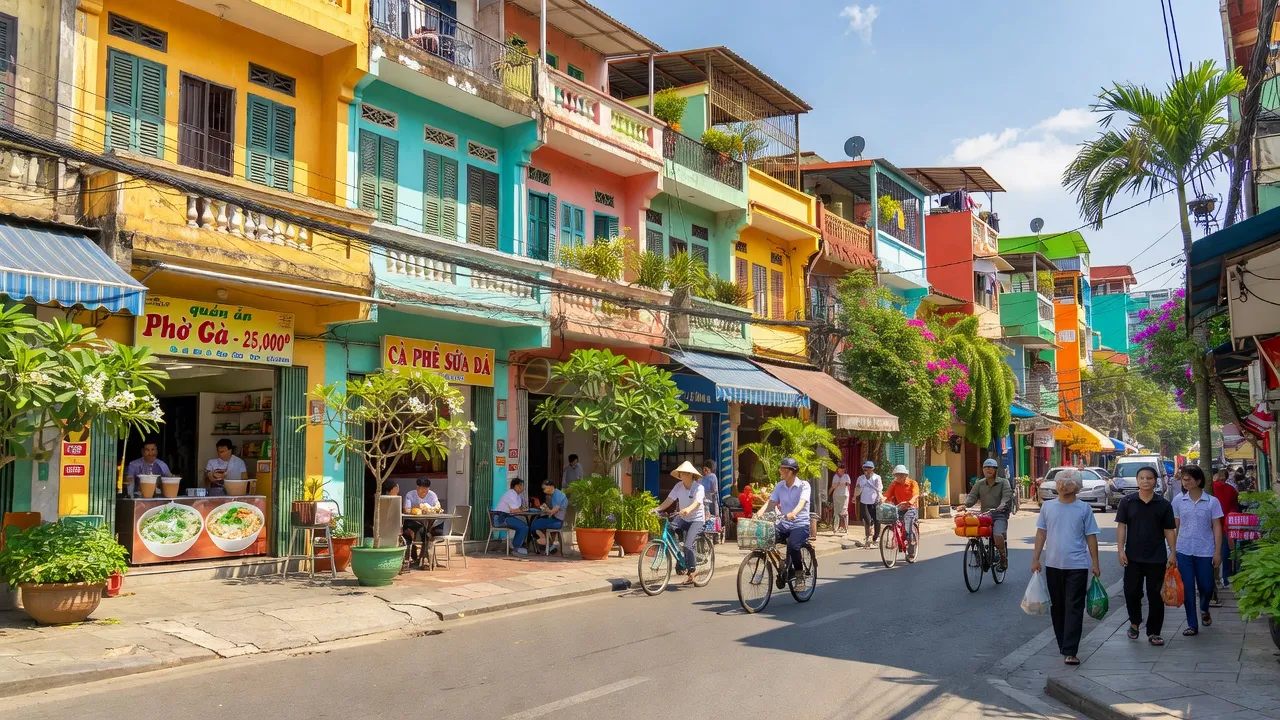 Khung cảnh phố phường 12, Quận 3, Hồ Chí Minh với cửa hàng và hoạt động nhộn nhịp.