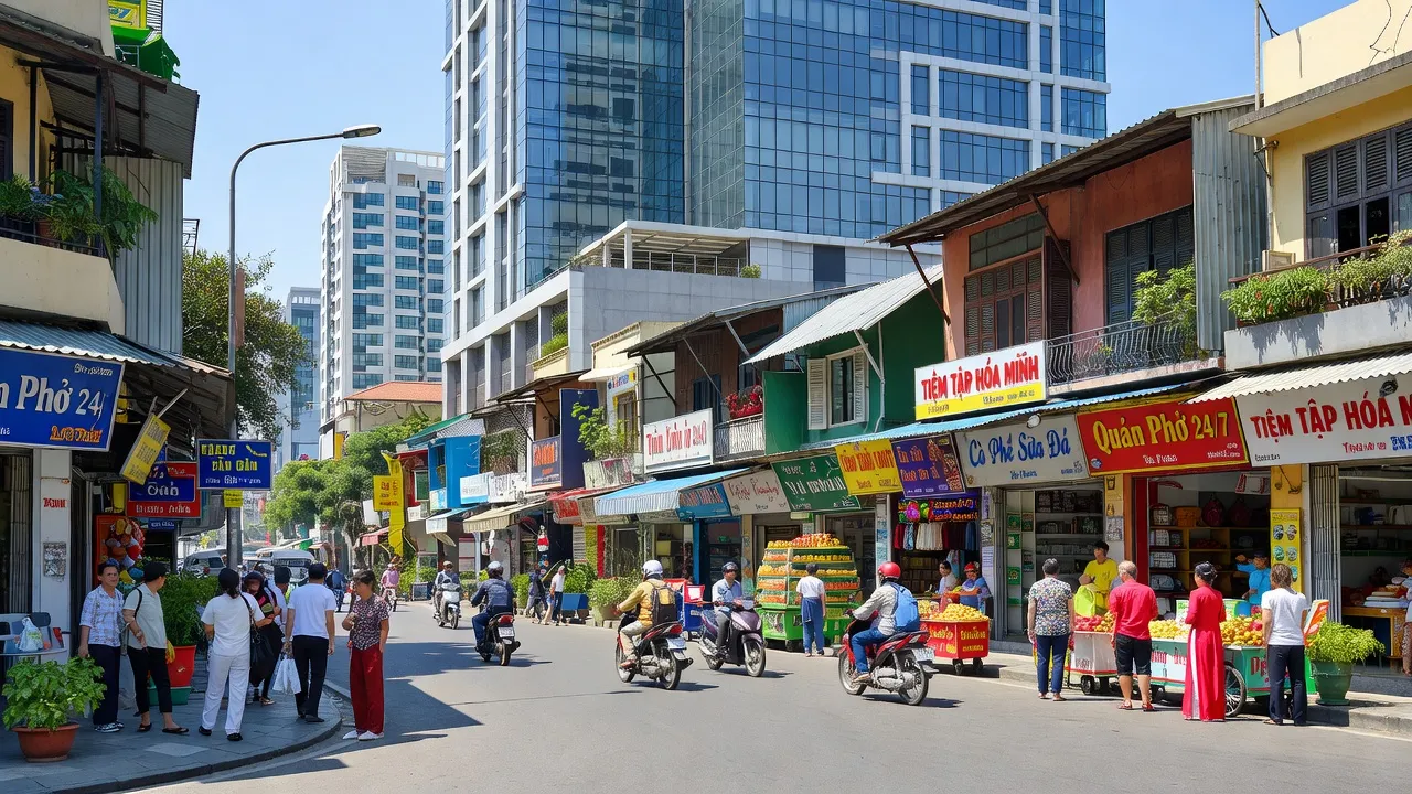 Khung cảnh nhộn nhịp tại Phường 14, Quận 3, Thành phố Hồ Chí Minh với hoạt động thương mại sôi nổi.