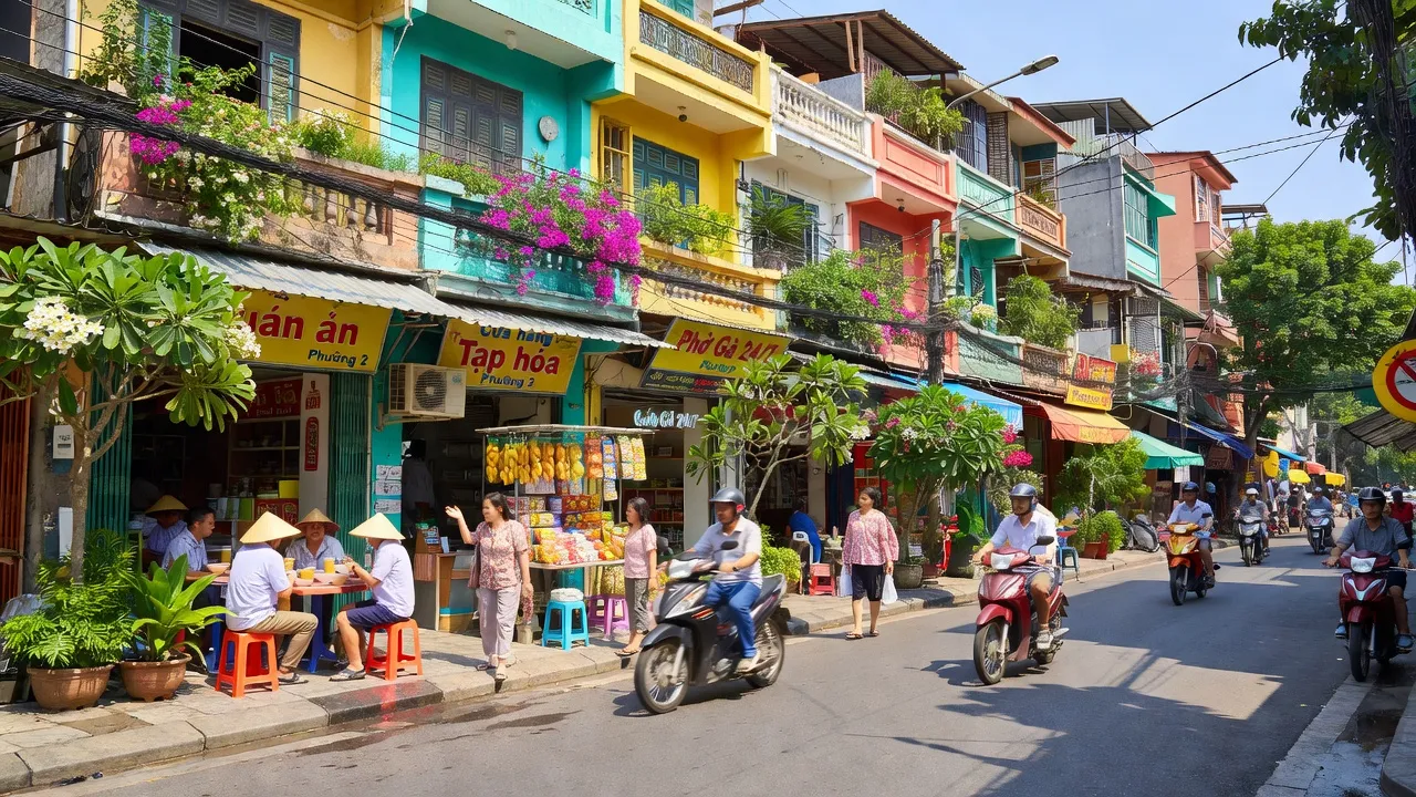 Khung cảnh nhộn nhịp tại Phường 2, Quận 3, Thành phố Hồ Chí Minh với cửa hàng và người dân.