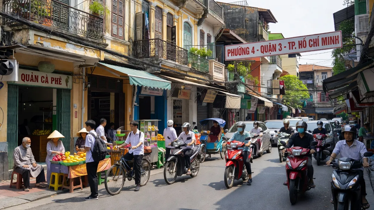 Phường 4, Quận 3, Thành phố Hồ Chí Minh với không gian đô thị nhộn nhịp và kiến trúc truyền thống.