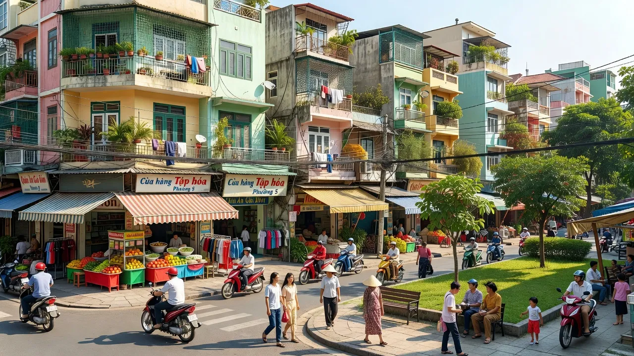 Khung cảnh nhộn nhịp tại Phường 5, Quận 3, Thành phố Hồ Chí Minh với cuộc sống đô thị sôi động.