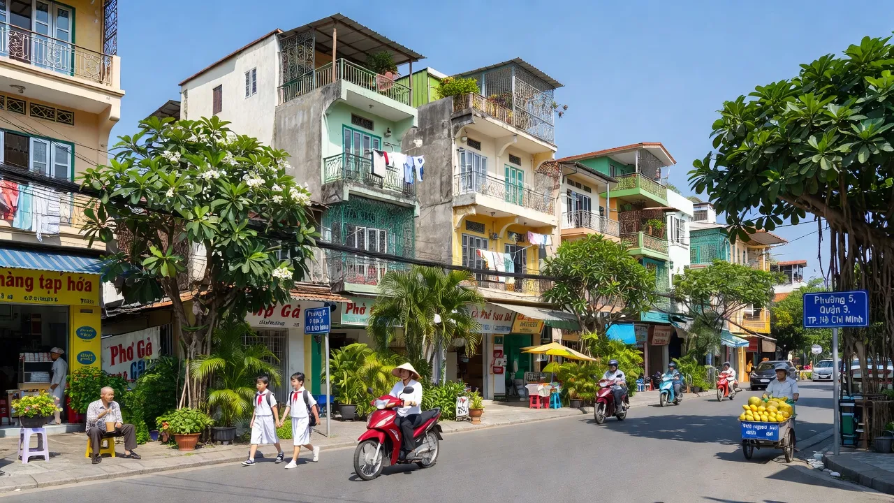 Phường 5, Quận 3, Hồ Chí Minh, với nhà cửa và cuộc sống đô thị nhộn nhịp.