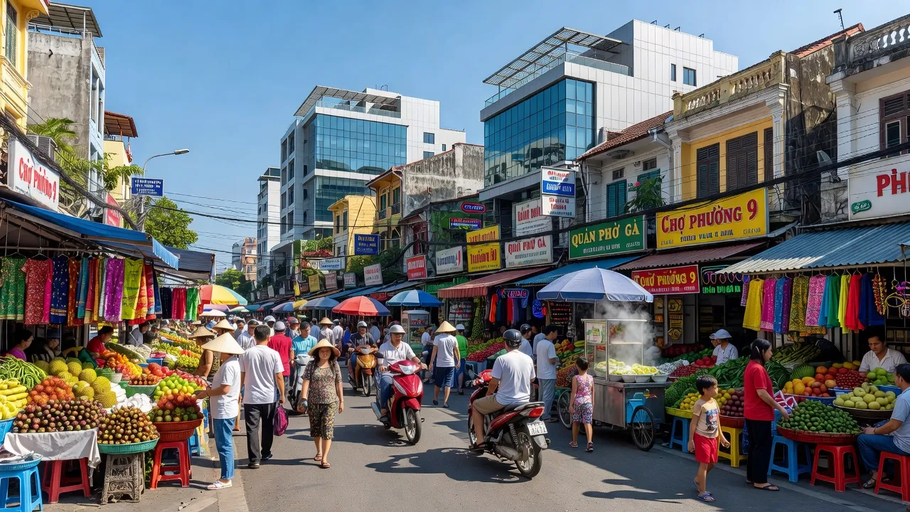 Khung cảnh phố phường 9, Quận 3, Thành phố Hồ Chí Minh, với hoạt động nhộn nhịp và không khí sôi động.