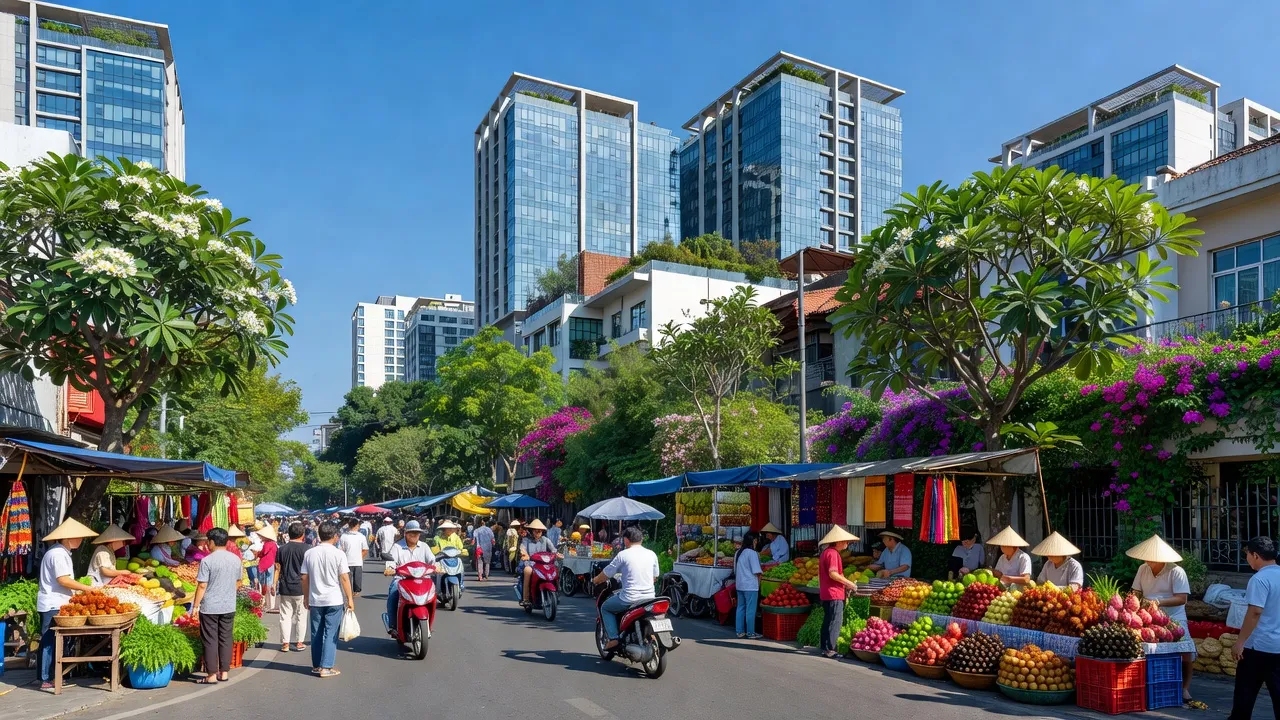 Khung cảnh sôi động tại Phường Võ Thị Sáu, Quận 3 với các chợ và kiến trúc hiện đại.