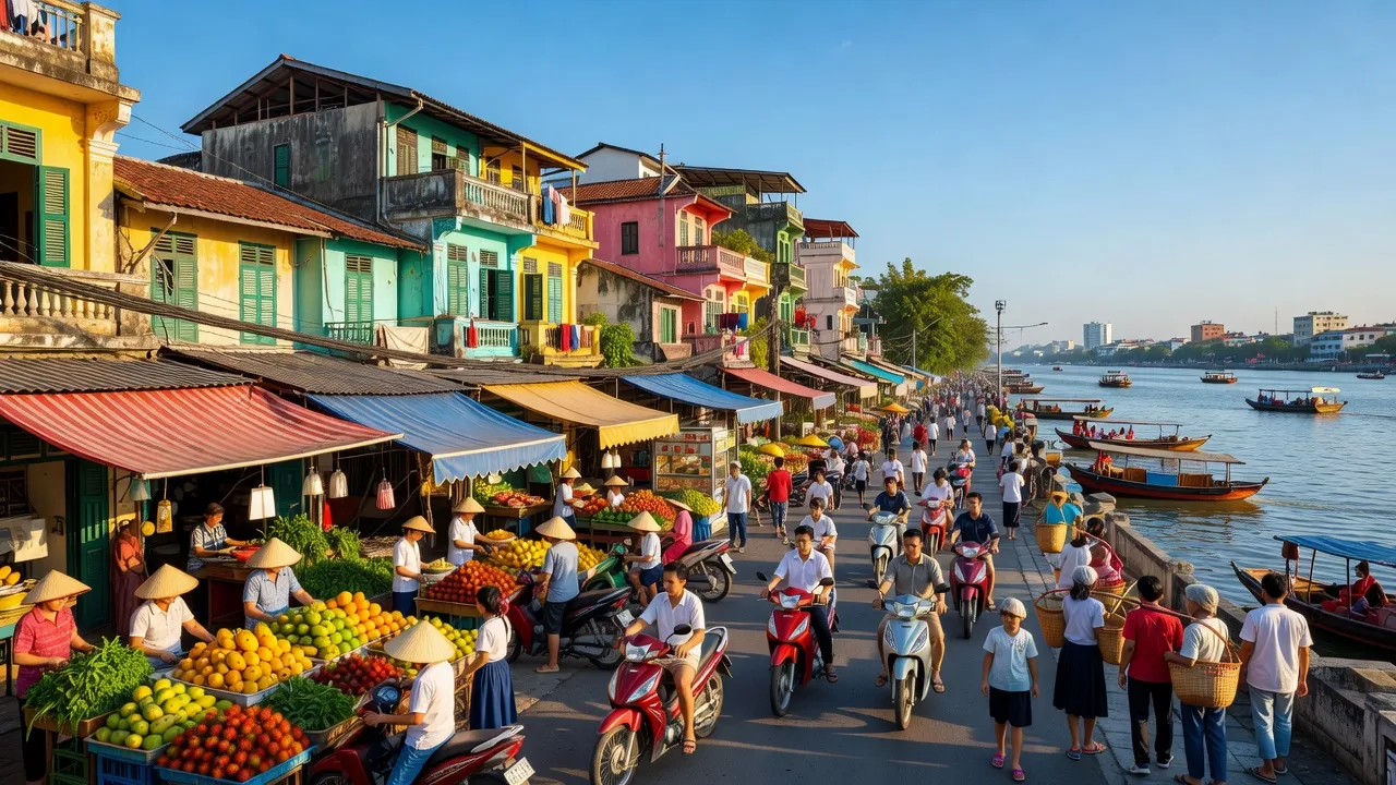 Quận 4, Thành phố Hồ Chí Minh với chợ truyền thống và dòng sông Saigon bên cạnh.
