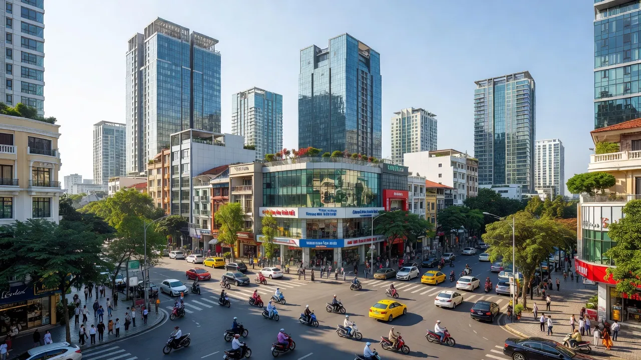 Phường 1, Quận 4, TP Hồ Chí Minh với tòa nhà và khu thương mại hiện đại, nhộn nhịp.