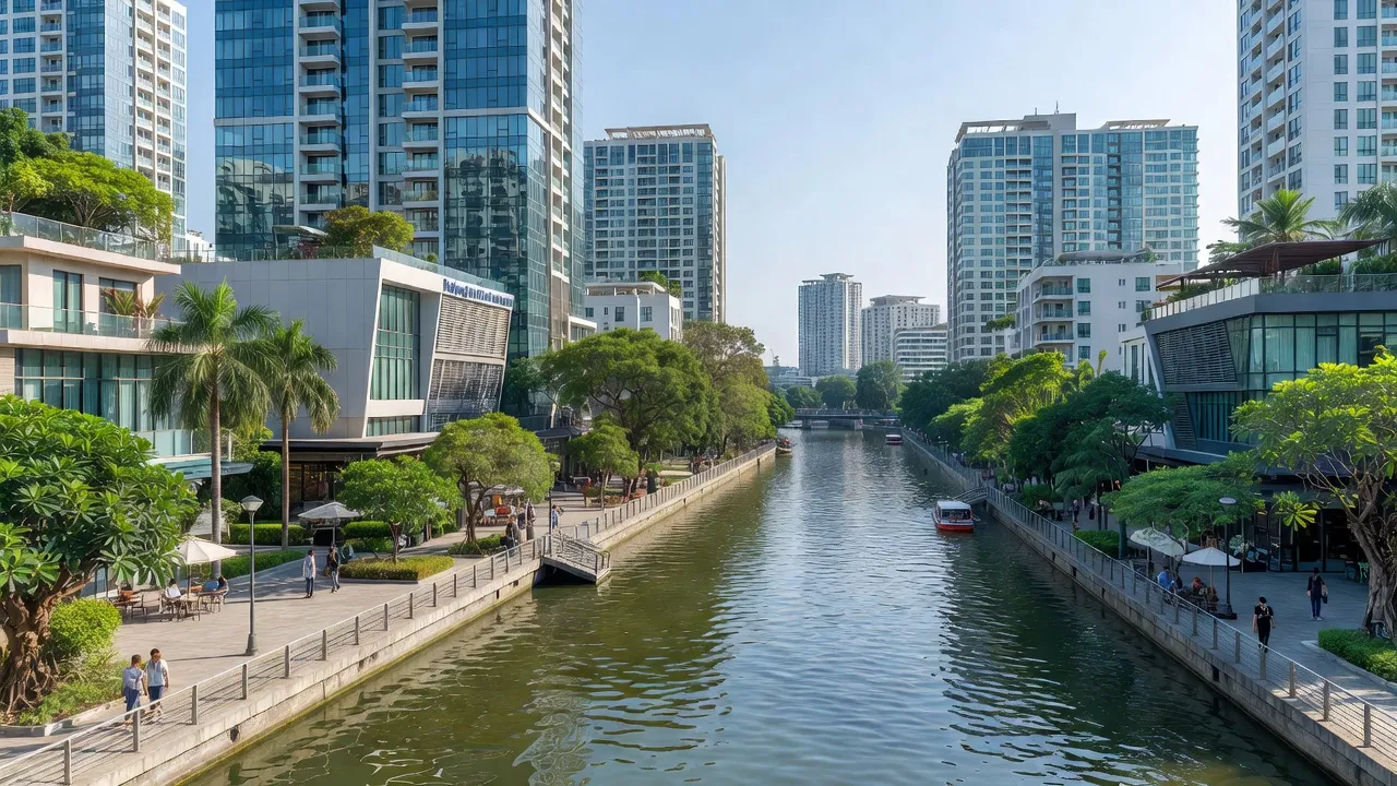 Cảnh quan Phường 15, Quận 4, Hồ Chí Minh với kênh rạch, cây xanh và kiến trúc hiện đại.