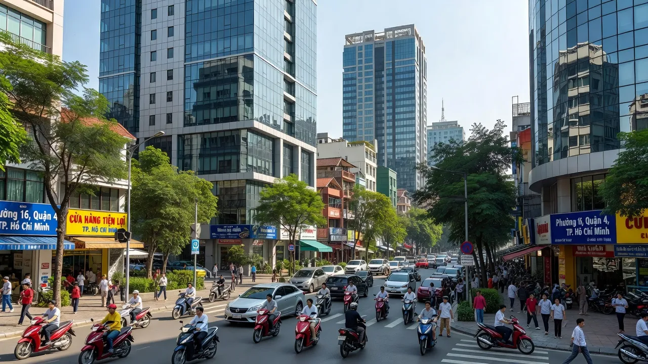 Phường 16, Quận 4, Thành phố Hồ Chí Minh với tòa nhà, cây xanh và đường phố nhộn nhịp.
