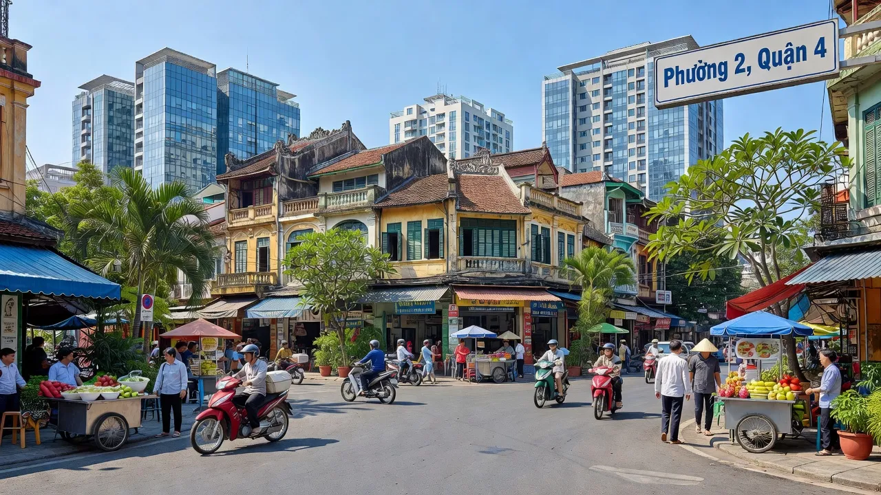 Phường 2, Quận 4, Hồ Chí Minh City with busy streets, tropical climate, and traditional architecture.
