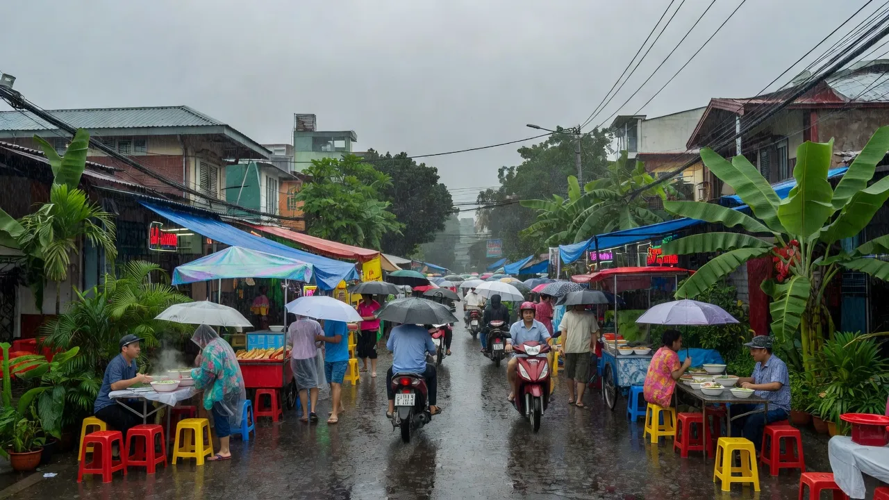 Phường 2, Quận 4, Hồ Chí Minh City with vibrant streets and tropical atmosphere during rainy season.
