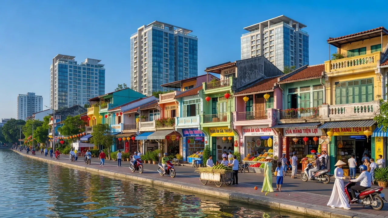 Phường 8, Quận 4 trong Thành phố Hồ Chí Minh với khu thương mại hiện đại và cảnh quan ven sông.
