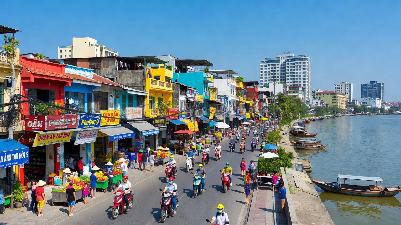Phường 9, Quận 4, Hồ Chí Minh, bustling urban area with shops and riverside views.