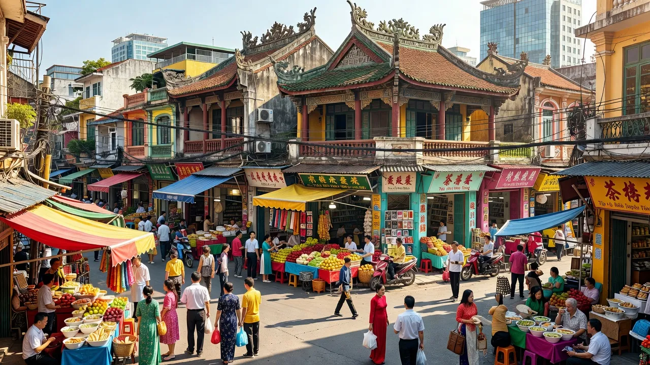 Quận 5, Thành phố Hồ Chí Minh, kiến trúc truyền thống, chợ và cuộc sống đô thị sôi động.