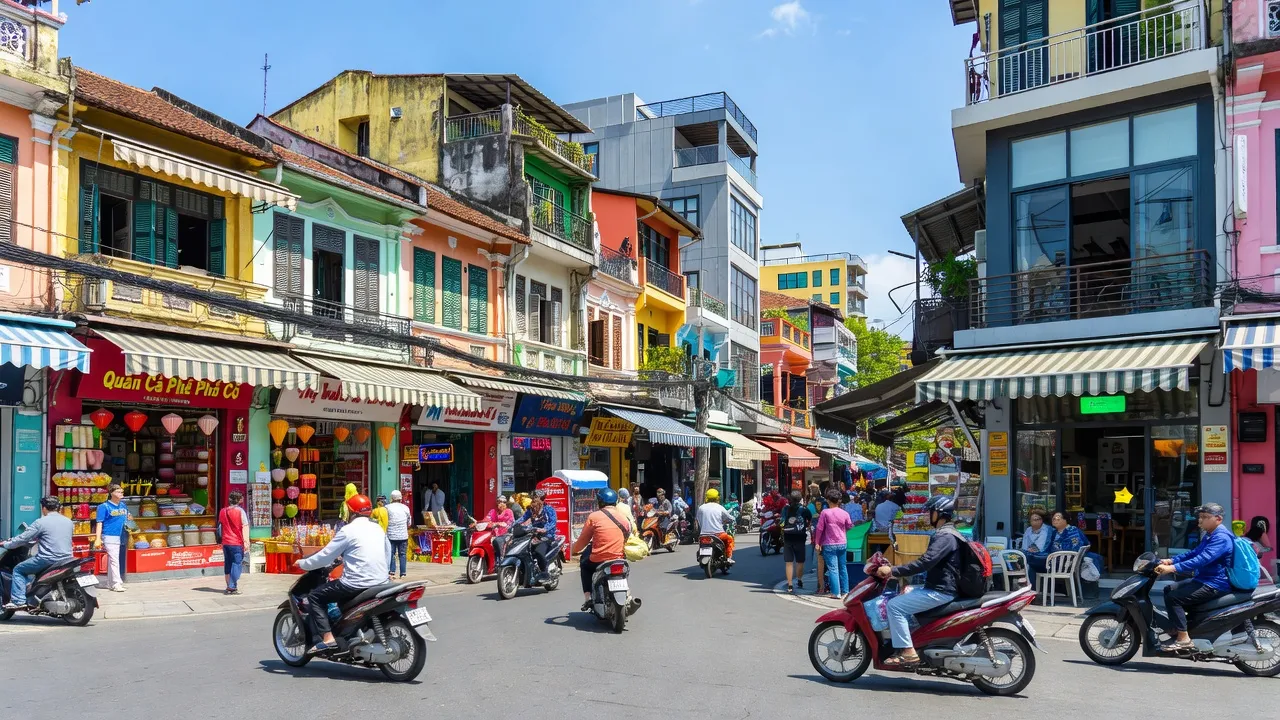 Khung cảnh đường phố nhộn nhịp tại Phường 1, Quận 5, Thành phố Hồ Chí Minh, với kiến trúc truyền thống.