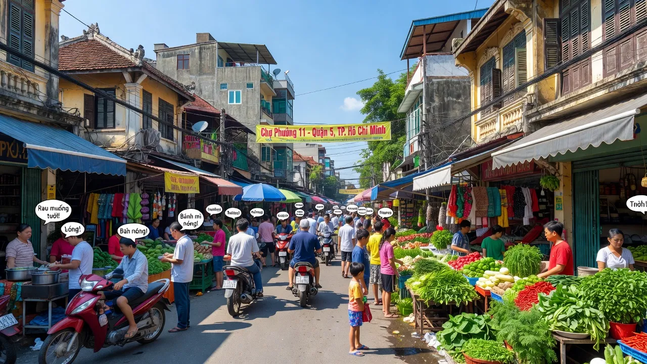 Khung cảnh sôi động ở Phường 11, Quận 5, Thành phố Hồ Chí Minh với kiến trúc truyền thống và hoạt động đường phố.
