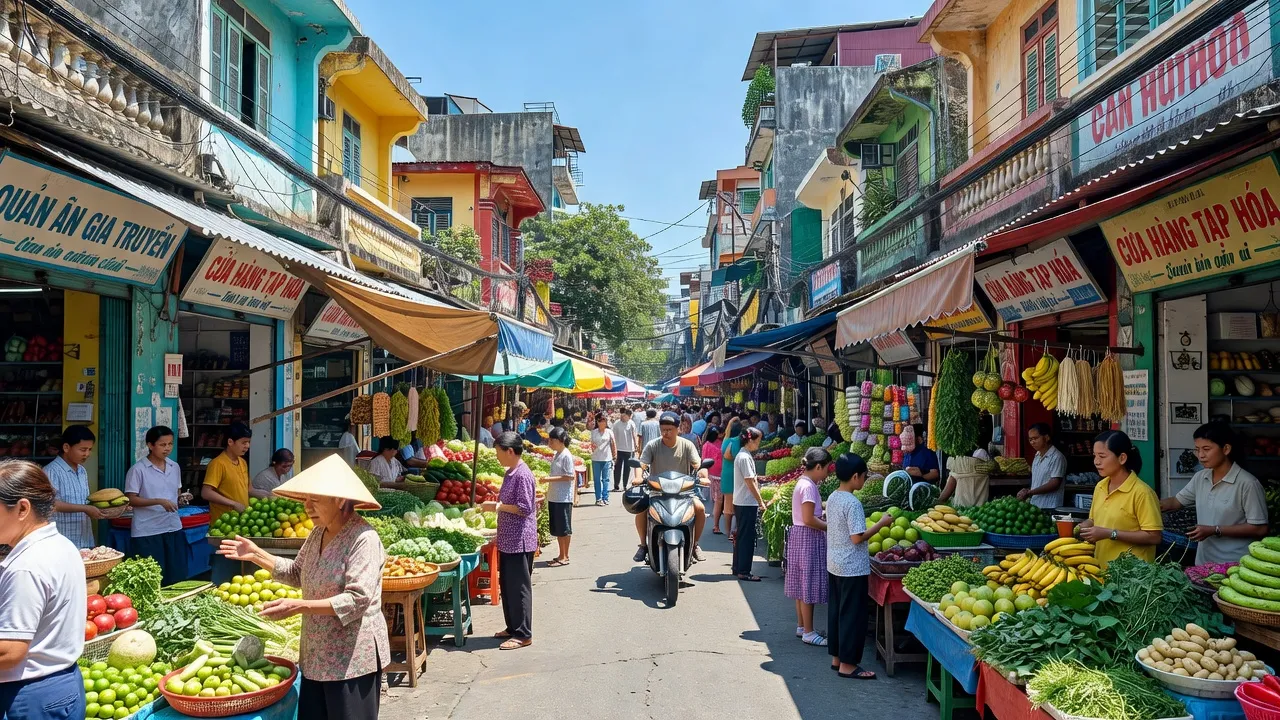 Cảnh quan nhộn nhịp ở Phường 14, Quận 5, Thành phố Hồ Chí Minh với cửa hàng và người dân