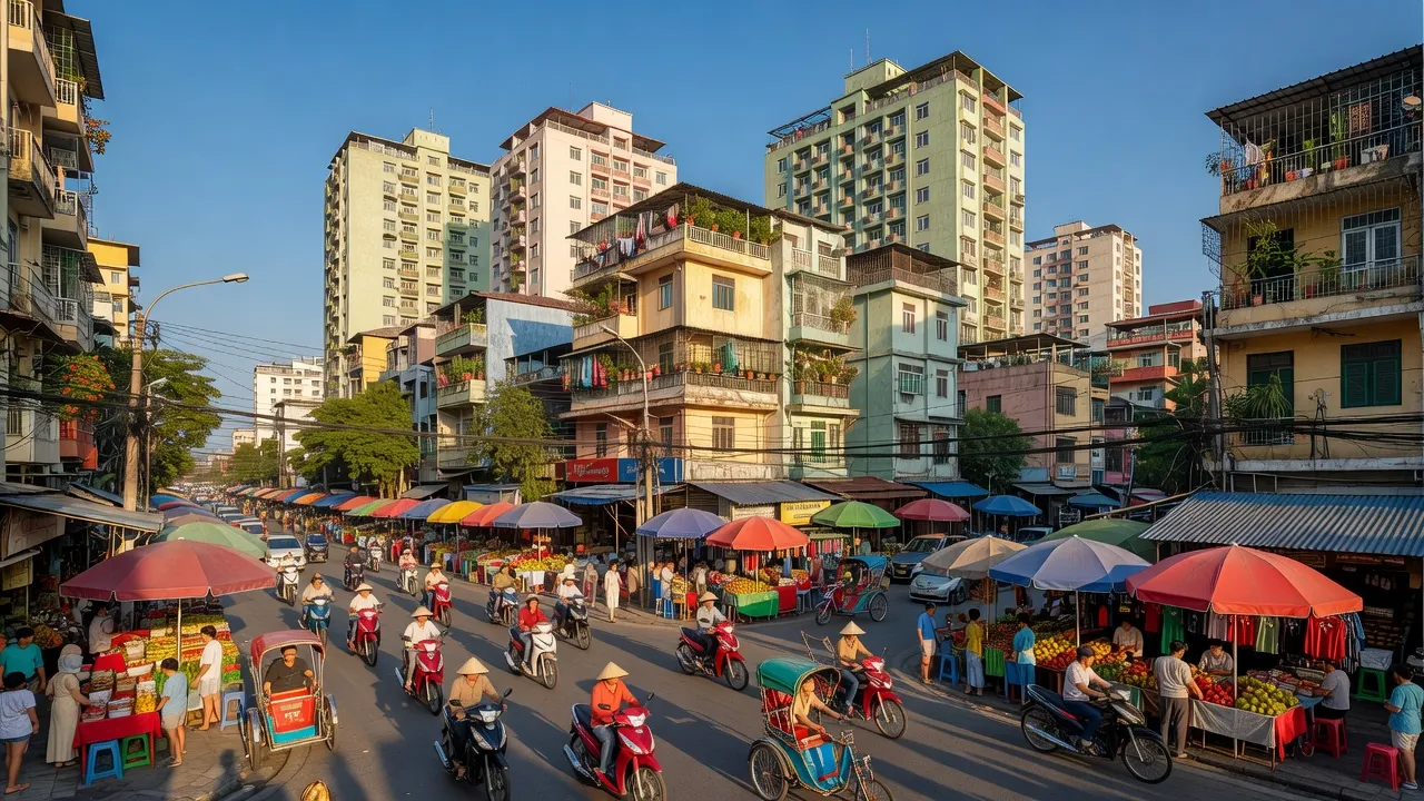 Phường 7, Quận 5, Thành phố Hồ Chí Minh với đường phố nhộn nhịp và hoạt động thương mại sôi động.