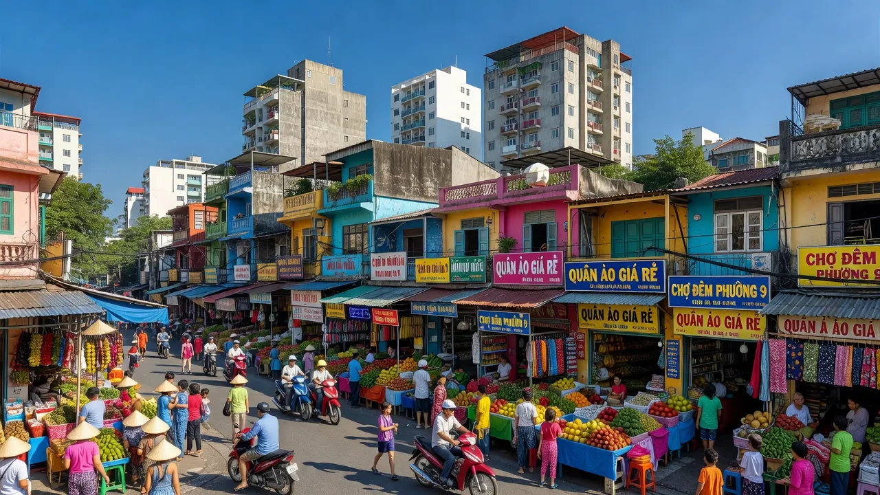 Khung cảnh Phường 9, Quận 5 với cuộc sống nhộn nhịp và các cửa hàng, chợ địa phương.