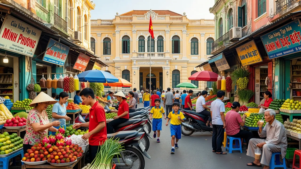 Phường 1, Quận 6, Hồ Chí Minh với chợ sầm uất và trụ sở Ủy ban nhân dân.