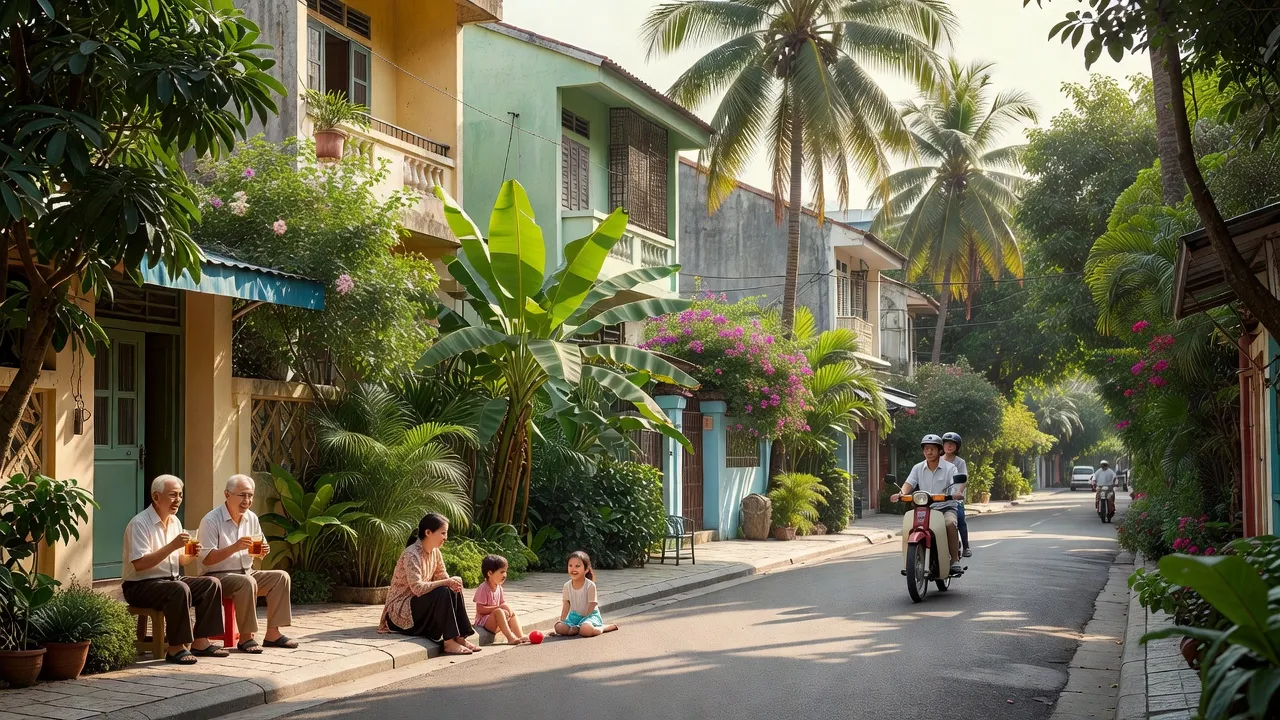 Khung cảnh yên bình phường 10 Quận 6, Thành phố Hồ Chí Minh, với các ngôi nhà và cây xanh.
