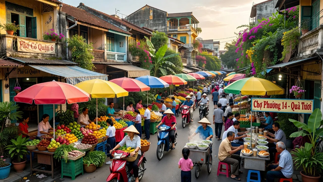Khu phố đông đúc ở Phường 14, Quận 6, TP Hồ Chí Minh, thể hiện nhịp sống và văn hóa địa phương.