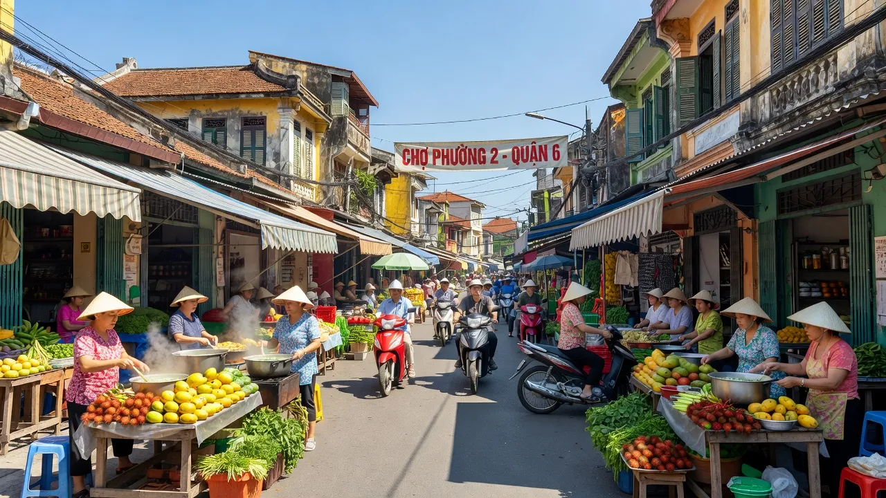Khung cảnh nhộn nhịp tại Phường 2, Quận 6, Thành phố Hồ Chí Minh, với kiến trúc truyền thống và chợ địa phương.
