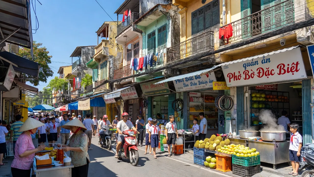 Khung cảnh đường phố ở Phường 7, Quận 6, Thành phố Hồ Chí Minh với nhà cổ và người đi bộ.